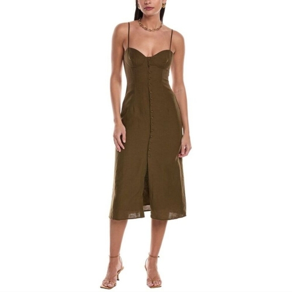 New Onia Womens Air Corset Linen-Blend Olive Midi Dress NWT - Picture 4 of 14